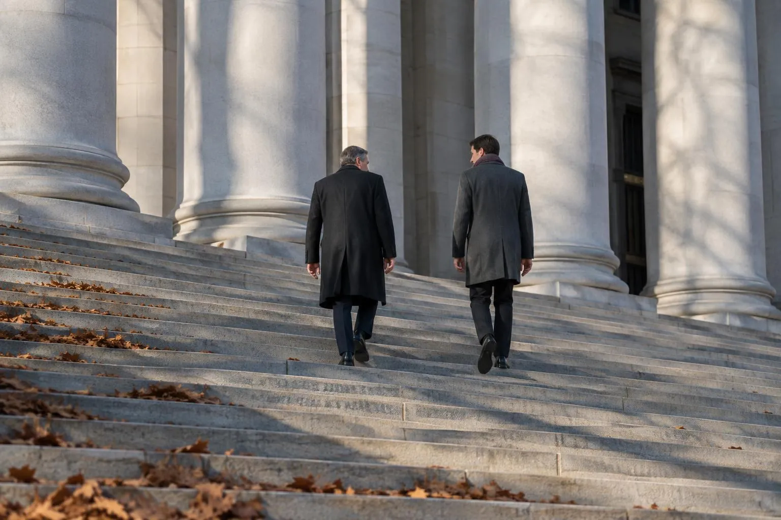 An expert witness and attorney climb leaf-strewn stone steps beneath plain columns on a cold autumn morning.
